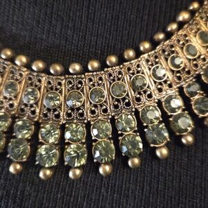 Vintage look Gray Rhinestone Bib Necklace – Antiqued Gold Tone Statement
